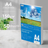 A box of A4 glossy self-adhesive inkjet photo paper with 50 sheets, shown next to a green leaf.