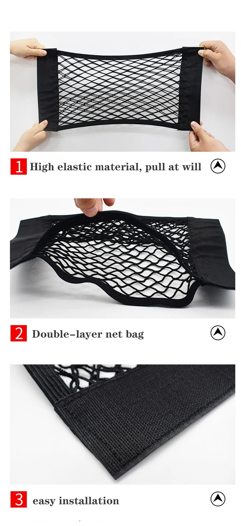 Black elastic mesh storage bag for car seat back organizer with easy installation