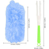A light blue electrostatic duster with a fluffy head and a green handle, shown next to its dimensions.