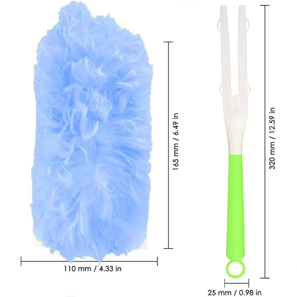 A light blue electrostatic duster with a fluffy head and a green handle, shown next to its dimensions.