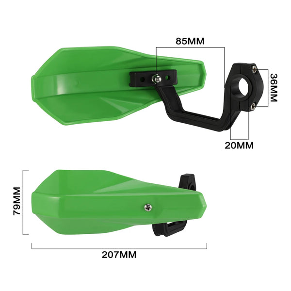 Green universal motorcycle hand guards with various mounting options and dimensions