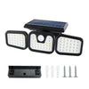 Solar powered security light with a solar panel and multiple LED floodlights and mounting hardware