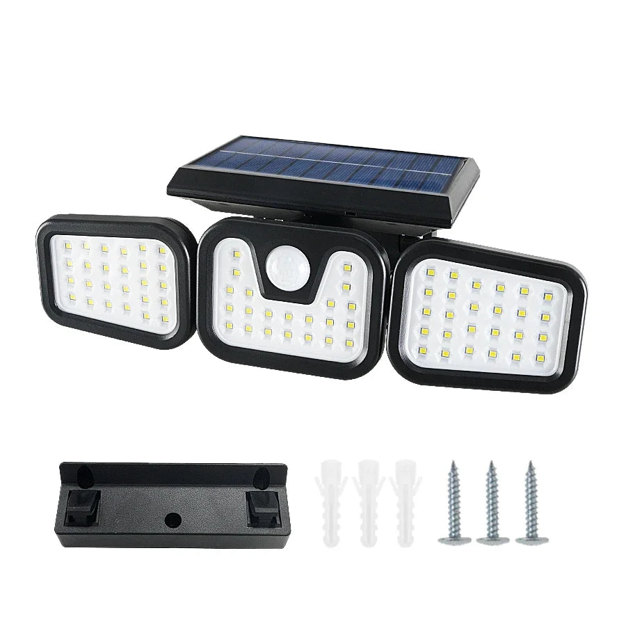 Solar powered security light with a solar panel and multiple LED floodlights and mounting hardware