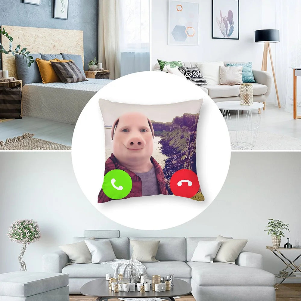 A novelty throw pillow cover shaped like a pig's face with a green phone icon on the cheek.