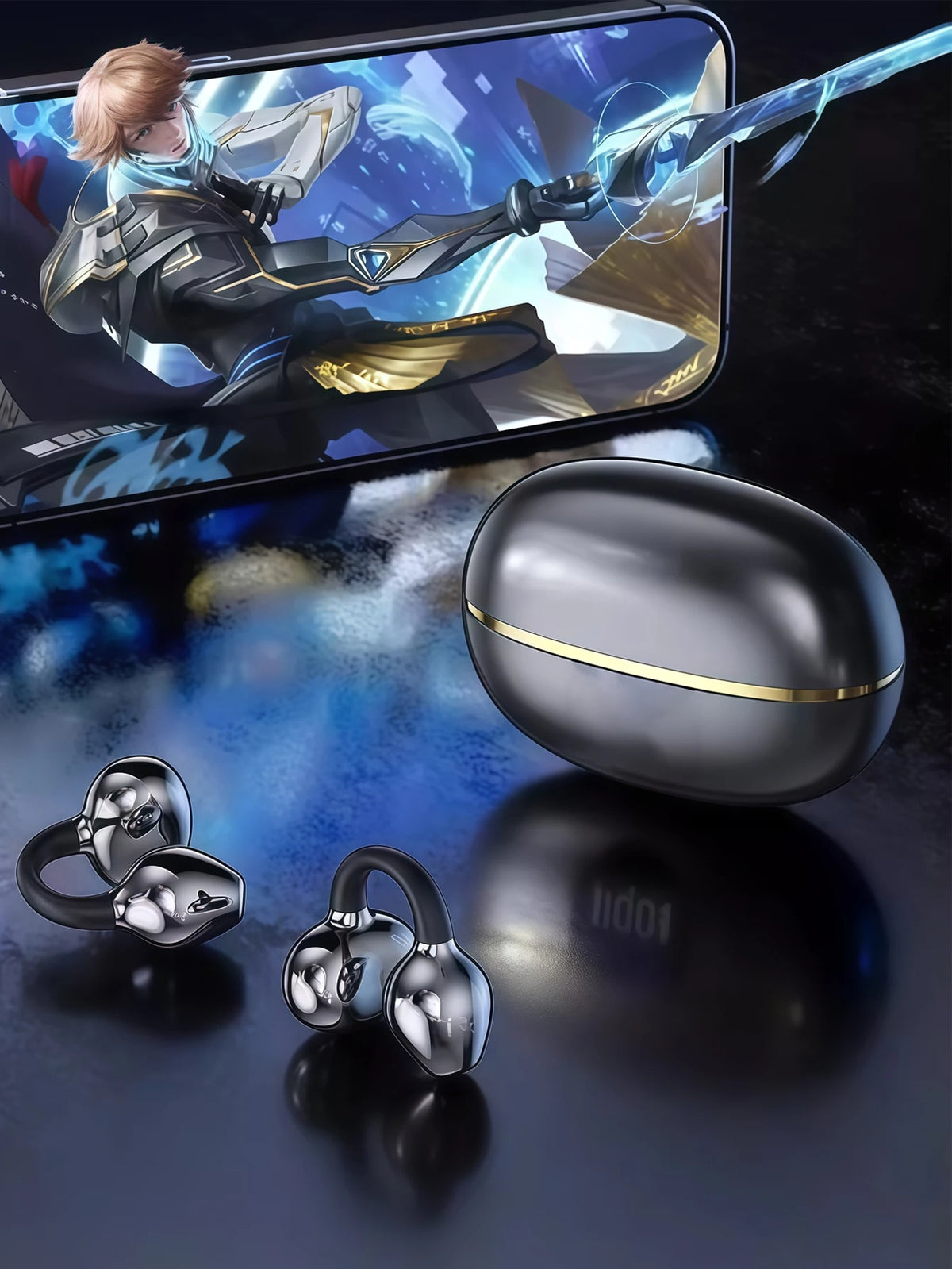 A pair of silver clip-on wireless earbuds resting on a dark surface next to a smartphone displaying an anime character.