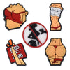 A set of PVC pins featuring various designs including a face, a hand, and a shoe decoration.