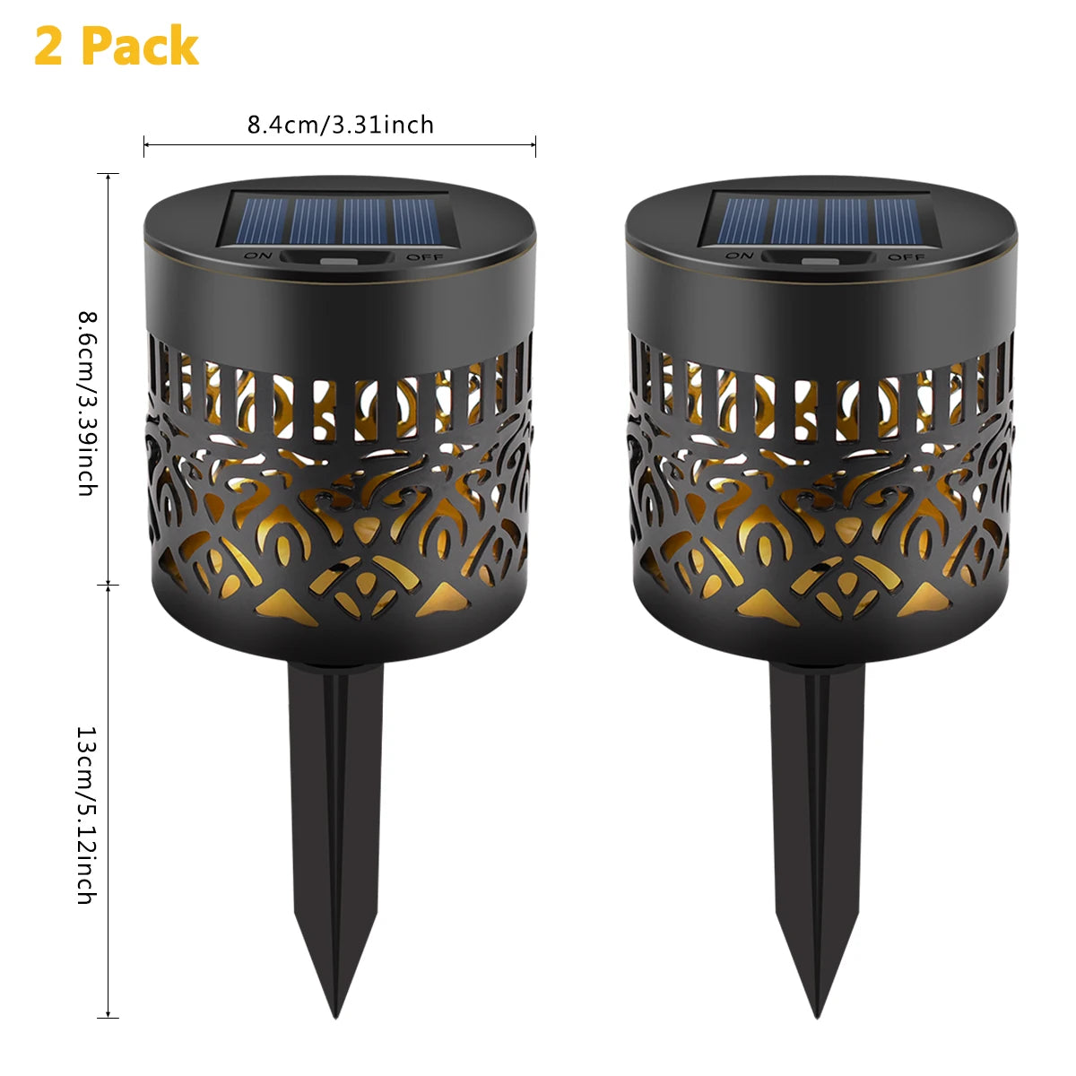A pair of black solar-powered mandala wall lights with a golden pattern and pointed base.