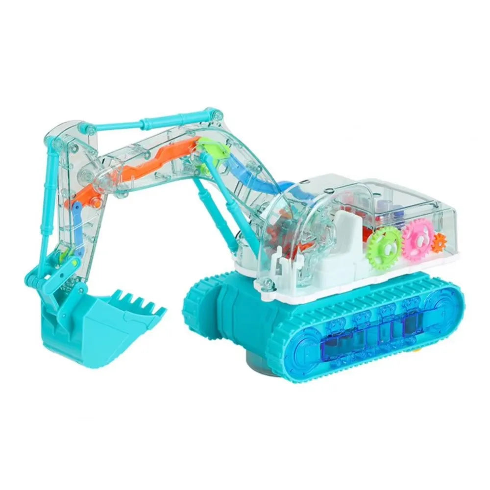 A transparent blue gear excavator toy with various colored plastic components and LED lights.