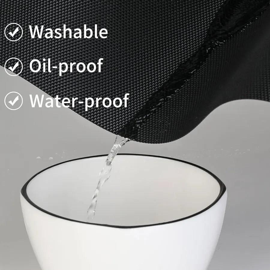 Black waterproof and oil-proof mat being used to protect a white bowl.