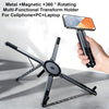 A black magnetic multi-functional transform holder for a cellphone, PC, or laptop is shown in use.