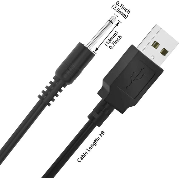 A black USB to 2.5mm DC charging cable with a connector and a long cable visible.