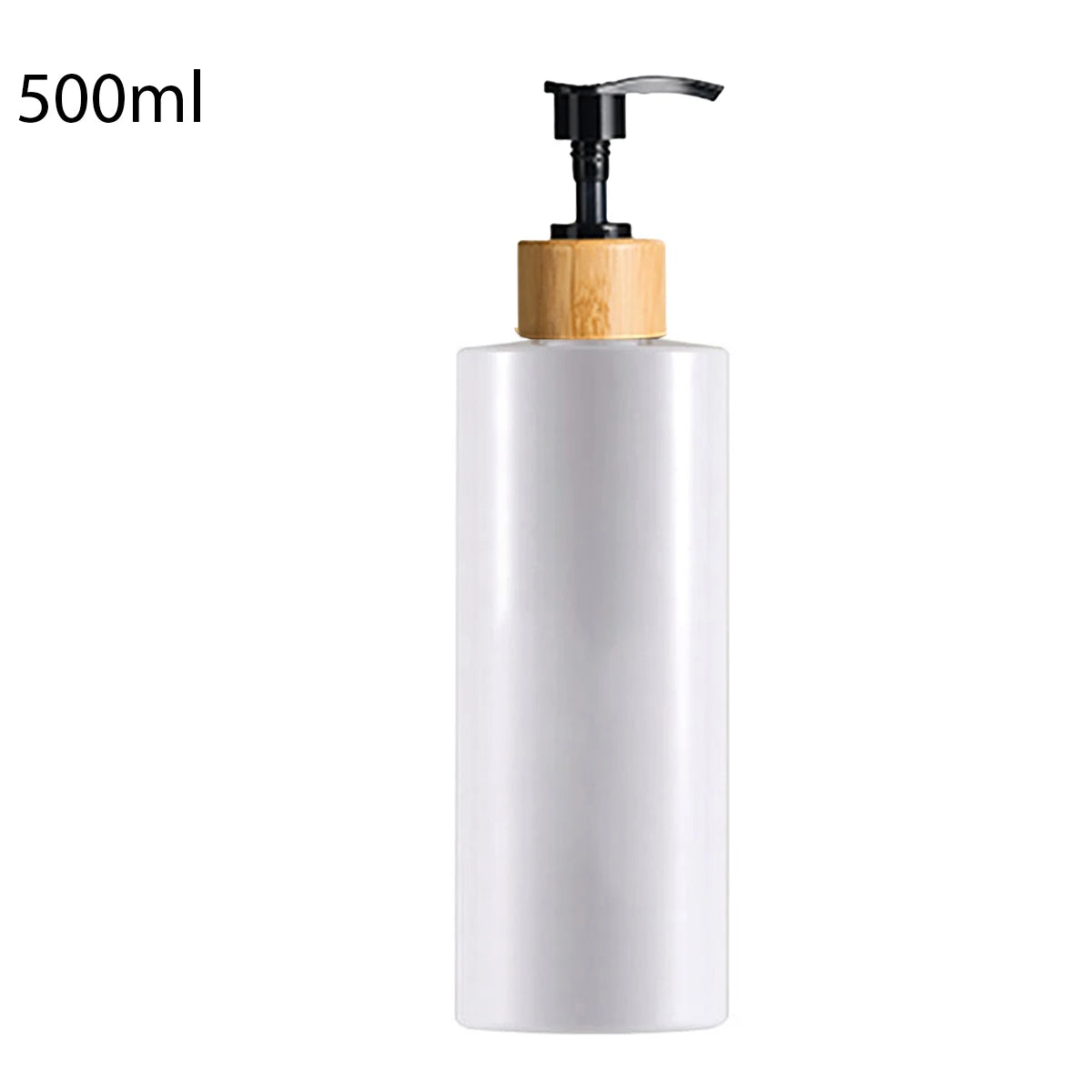 A white 500ml refillable shampoo and lotion dispenser bottle with a black pump and wooden cap.