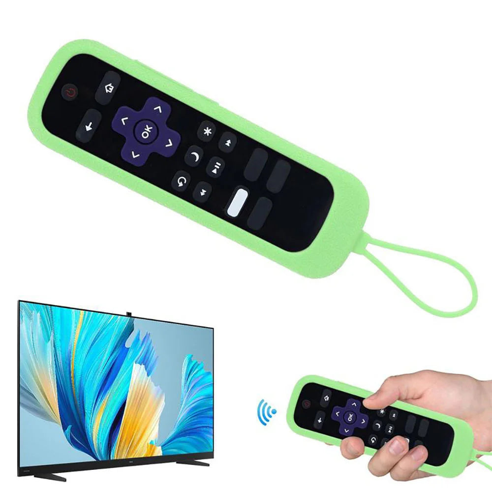 A lime green silicone remote control cover is shown next to a television and being held by a hand.