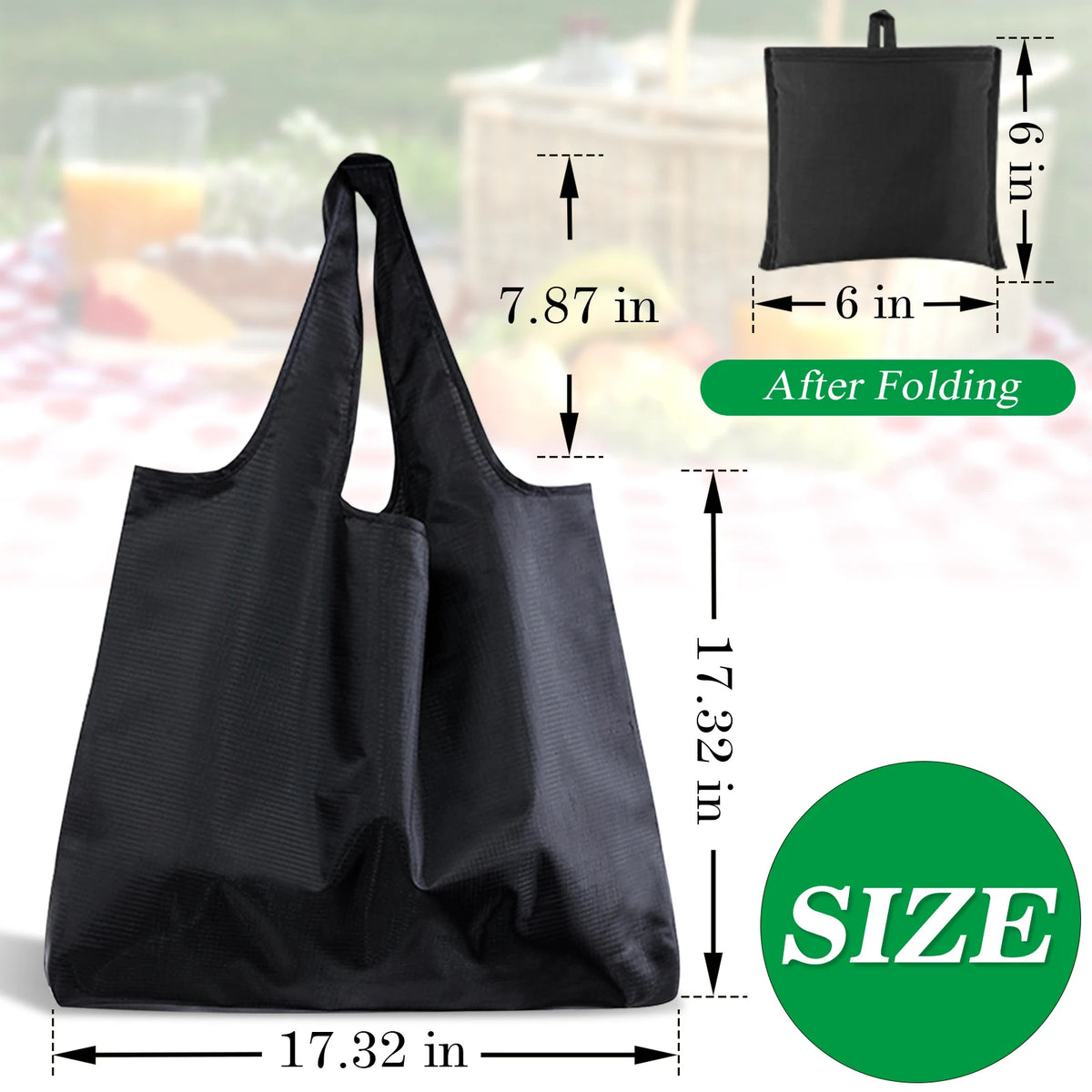 Black foldable reusable grocery bag shown with dimensions and after folding size comparison.