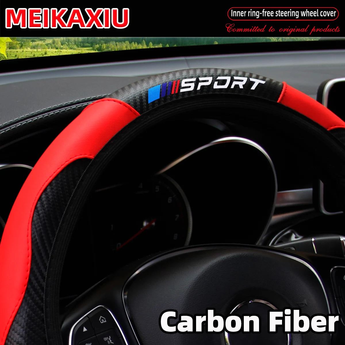 Black steering wheel with a red and blue Sport cover made of carbon fiber