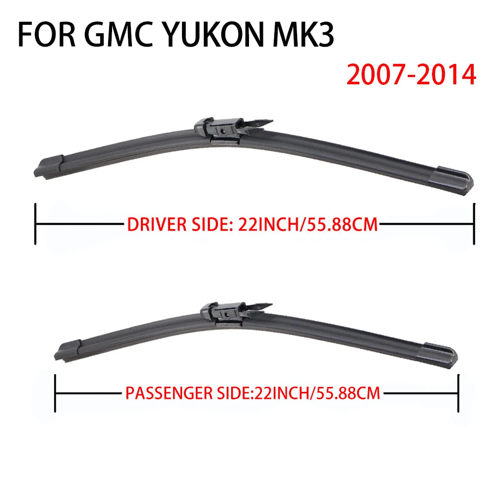 A pair of black windshield wiper blades for a GMC Yukon MK3, showing the driver and passenger sides.