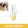 White 200ml oil spray bottle with a black nozzle being used to spray cooking oil.