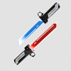 A twin-crossed light-up sword and axe toy with red and blue lights.