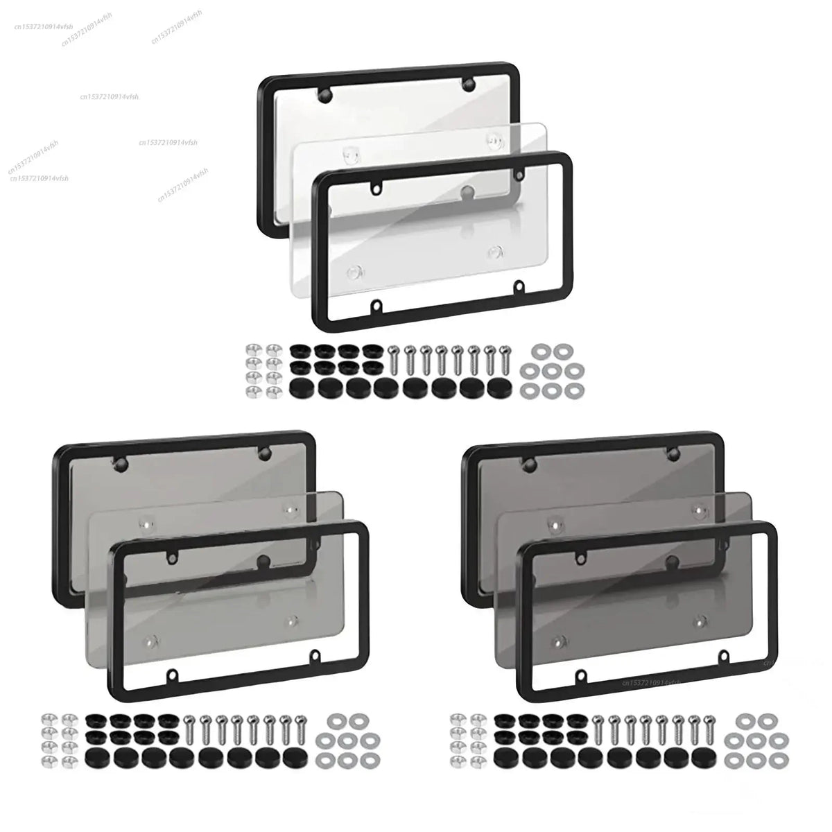 Two sets of tinted license plate protectors with mounting brackets and screws are shown.