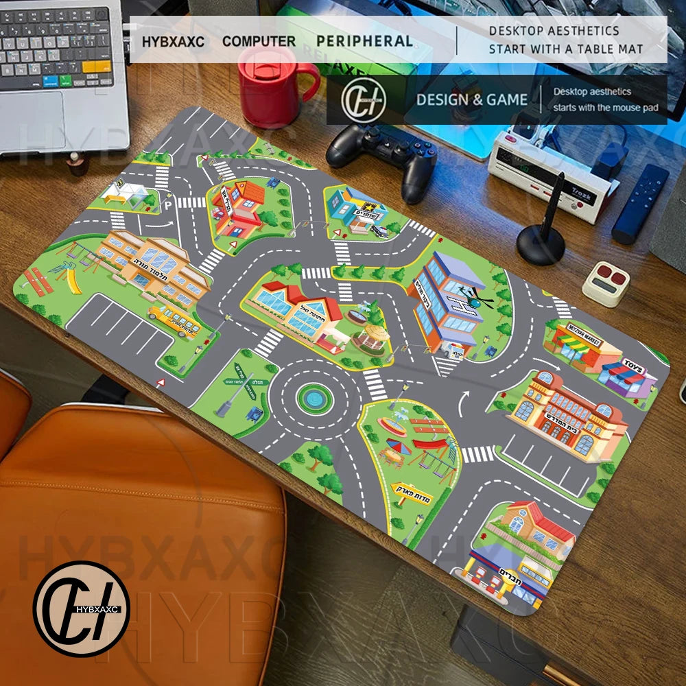 A large gaming mouse pad featuring a vintage city road design with buildings and streets.