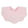 A light pink, textured cotton baby bib in a bandana style for newborns.