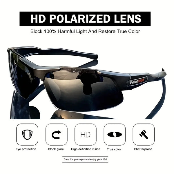 Eine schwarze, halbrandlose, polarisierte Sonnenbrille mit Schutz für die Augen und stoßfestem Design.