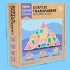 A box of transparent acrylic building blocks featuring colorful geometric shapes and a castle design.