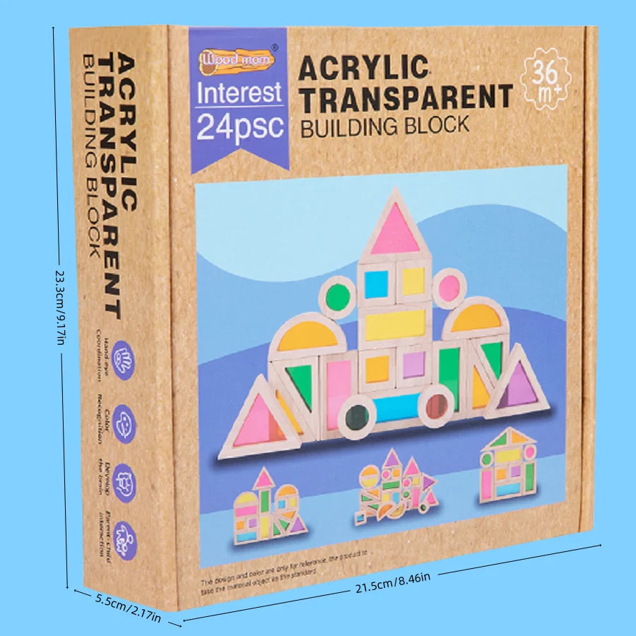 A box of transparent acrylic building blocks featuring colorful geometric shapes and a castle design.