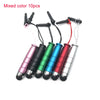 A pack of ten mixed color fine point stylus pens with black cables.