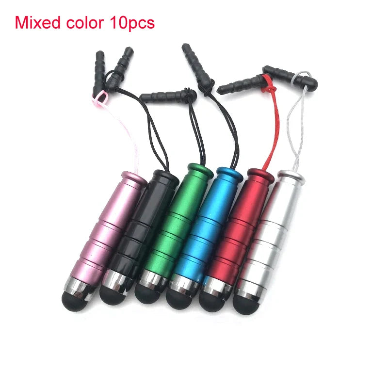 A pack of ten mixed color fine point stylus pens with black cables.
