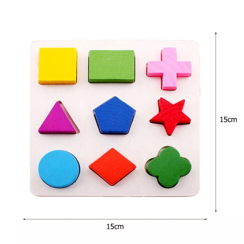 A white puzzle board with colorful wooden shapes including squares, crosses, triangles, circles, and stars for toddlers.