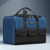 A dark blue heavy duty tool bag with black accents and multiple pockets shown from the front.