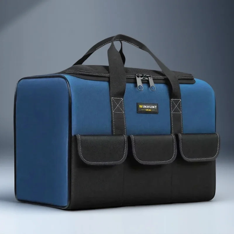 A dark blue heavy duty tool bag with black accents and multiple pockets shown from the front.