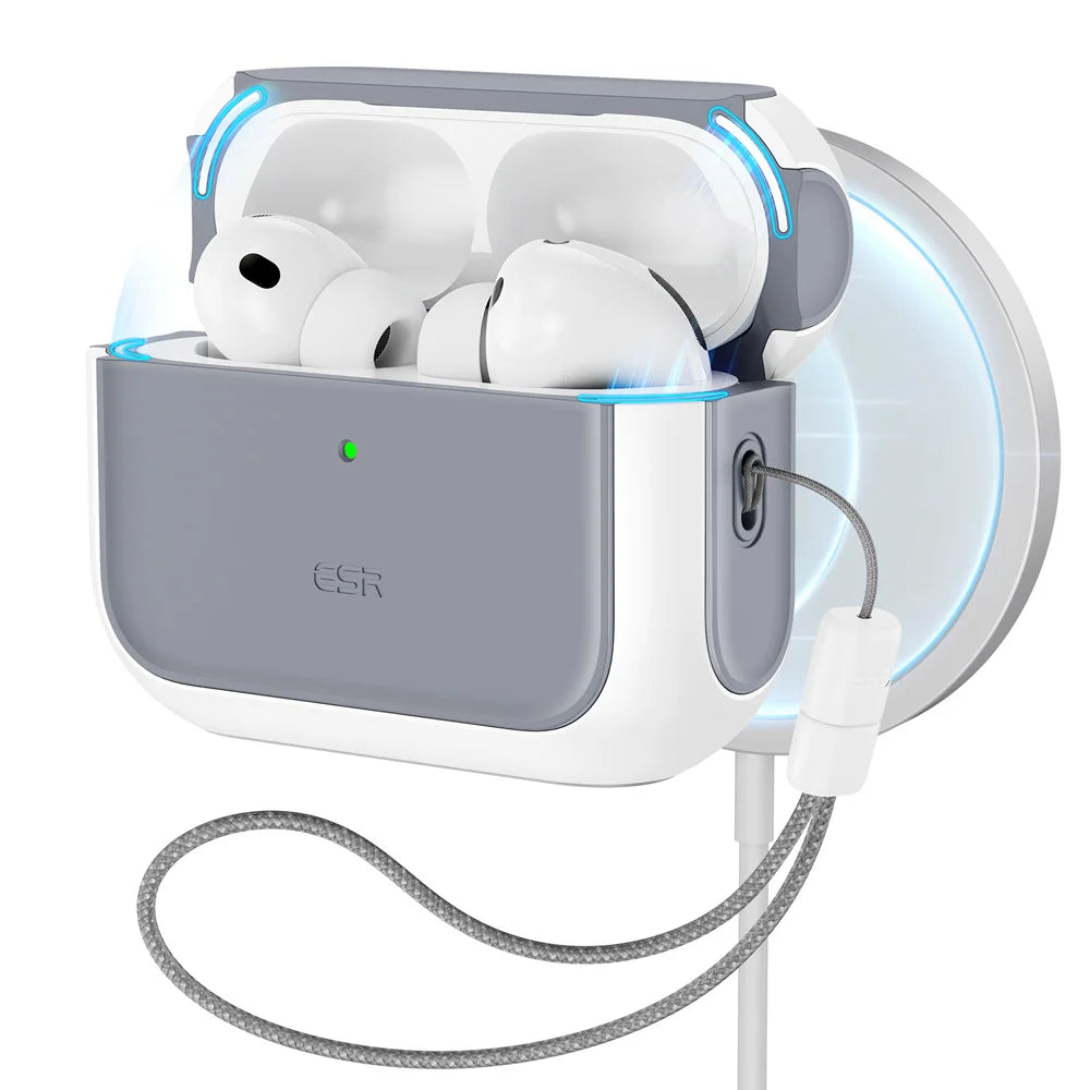 A white AirPods Pro 3 case with a magnetic lock is shown resting on a charging stand.