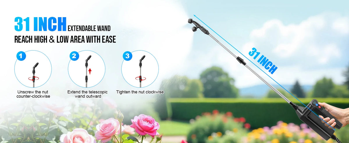 A hand holds a 31 inch extendable wand garden sprayer, demonstrating how to unscrew and tighten the wand for reach.