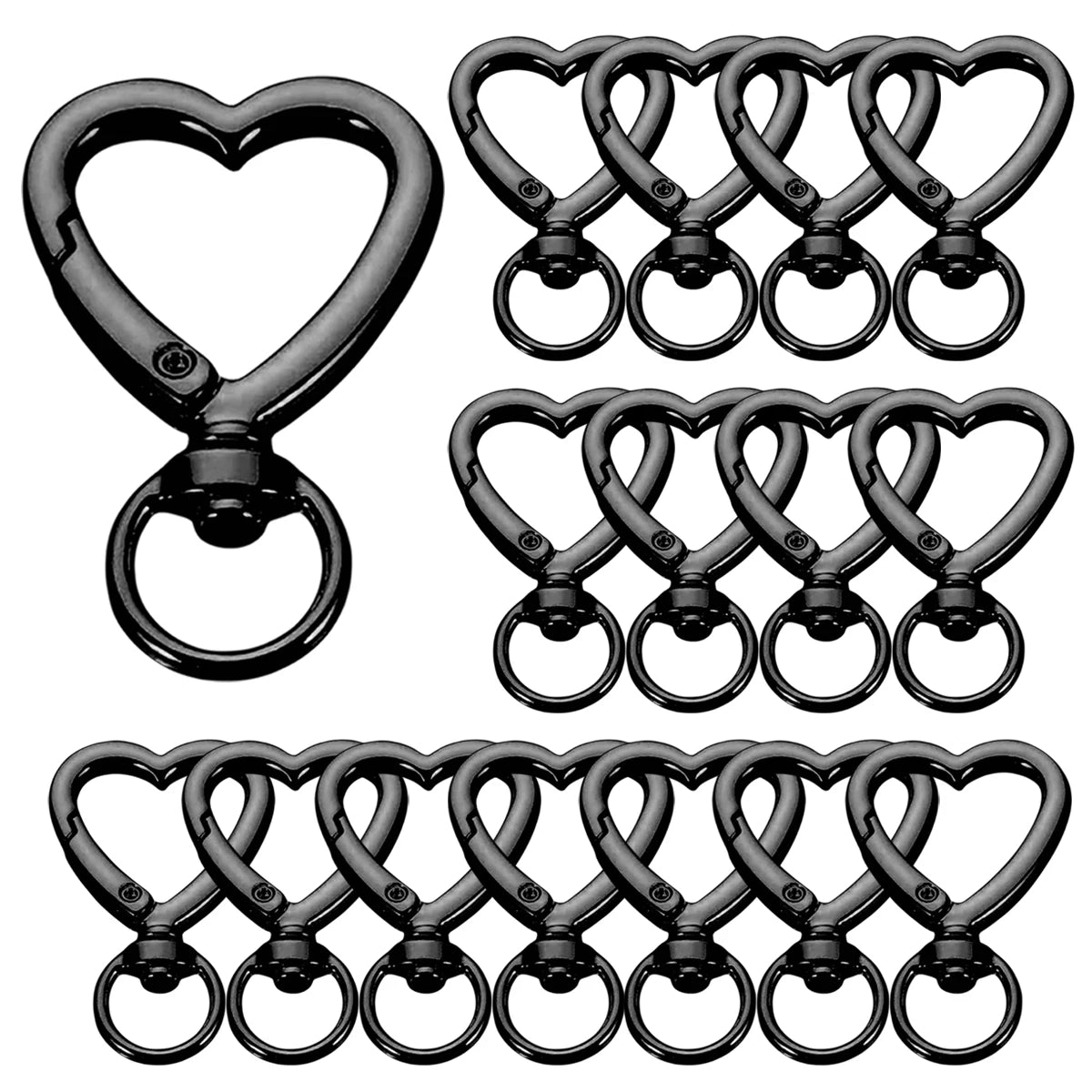 A set of black heart-shaped spring hook keychains for keys, bags, and luggage.