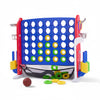 A red and blue outdoor game set featuring a basketball hoop and ring toss targets.