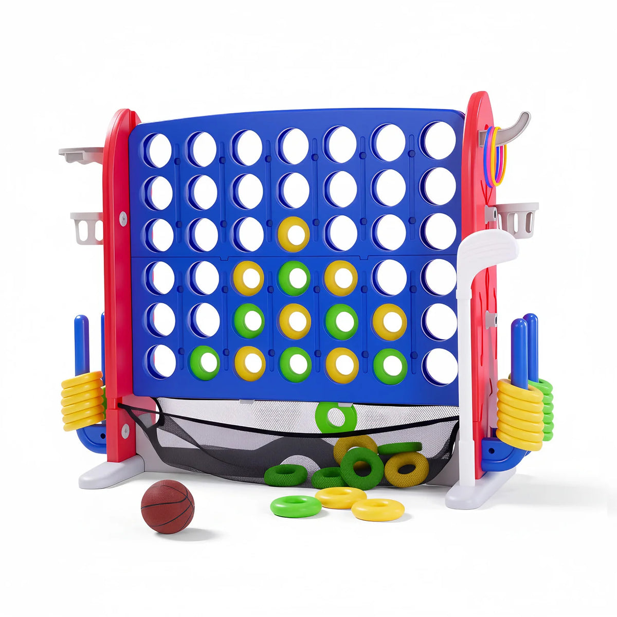 A red and blue outdoor game set featuring a basketball hoop and ring toss targets.
