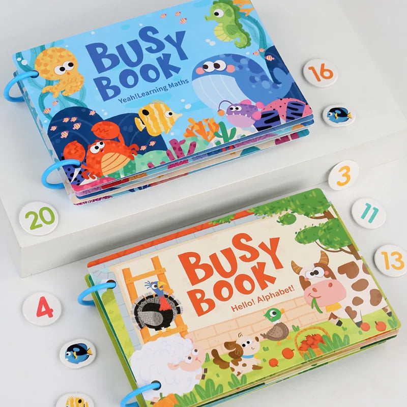 A colorful busy book for toddlers featuring various matching games and educational activities.