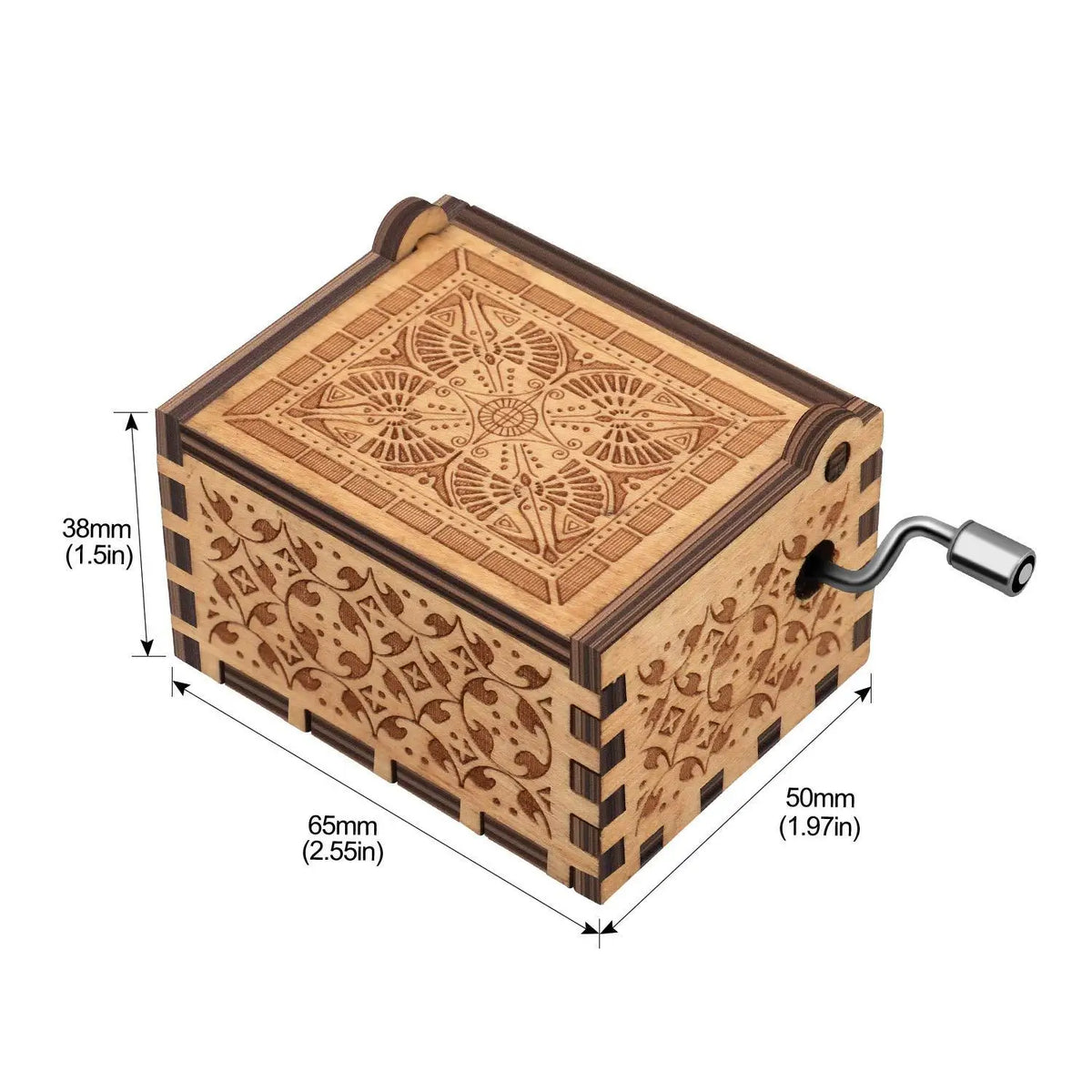 A vintage hand-cranked wooden music box with intricate geometric patterns carved into the lid and body.