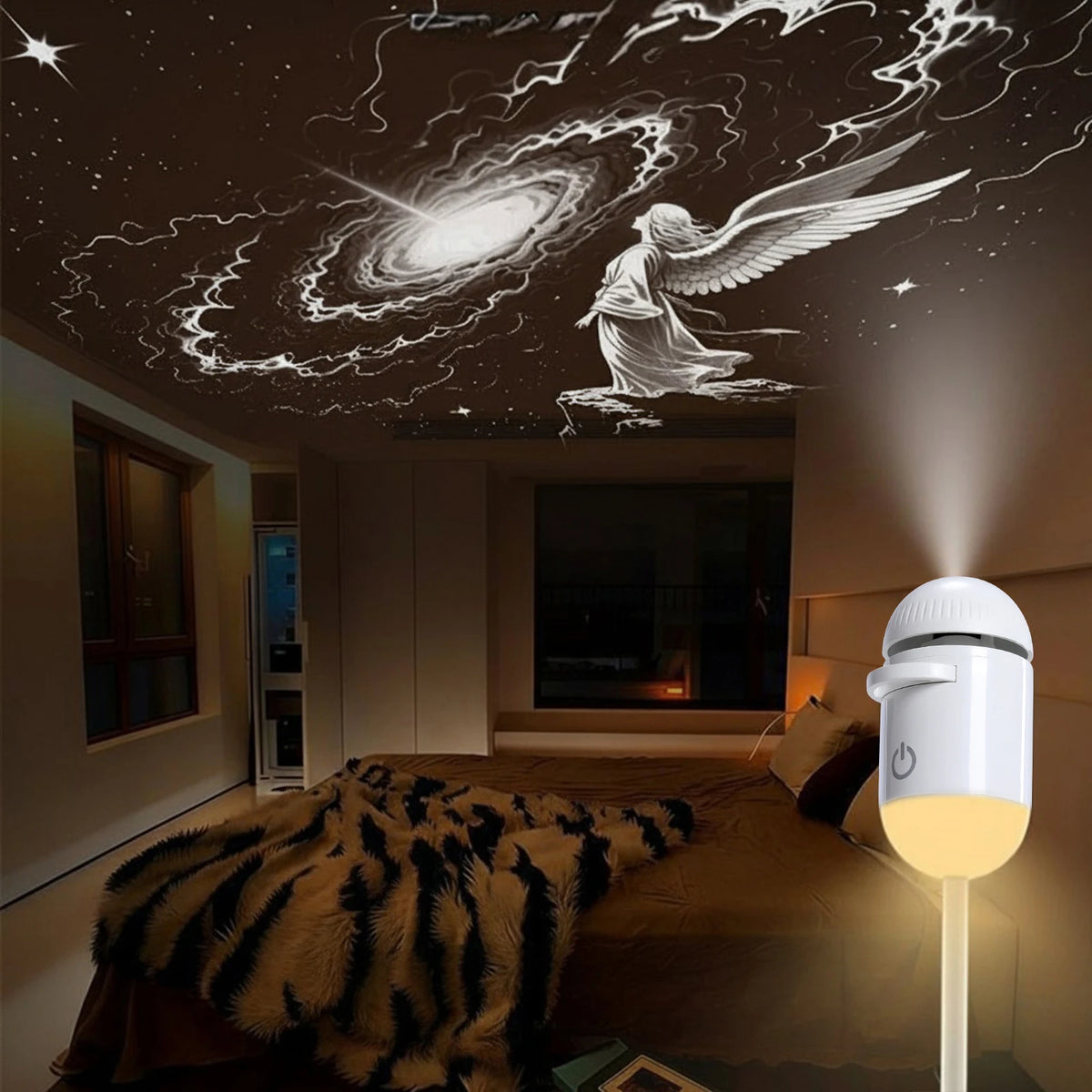A white star projector night light illuminates a ceiling mural of a winged angel and galaxy in a bedroom.