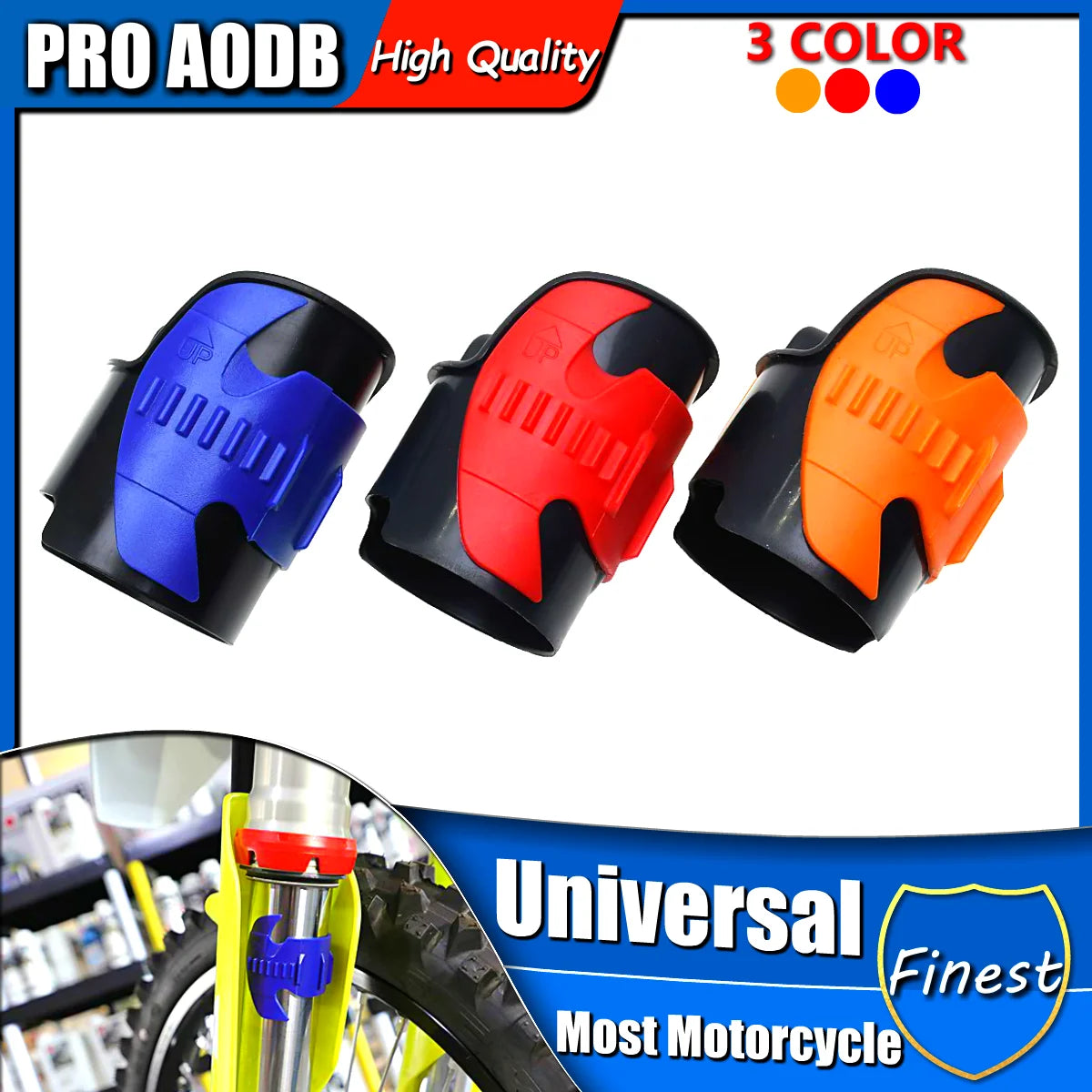 Three color motorcycle fork seal cleaning tools for 45–55mm shock absorbers shown in black, blue, and orange.