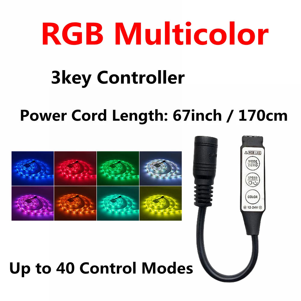 RGB Multicolor 3key Controller power cord and various colored LED light patterns
