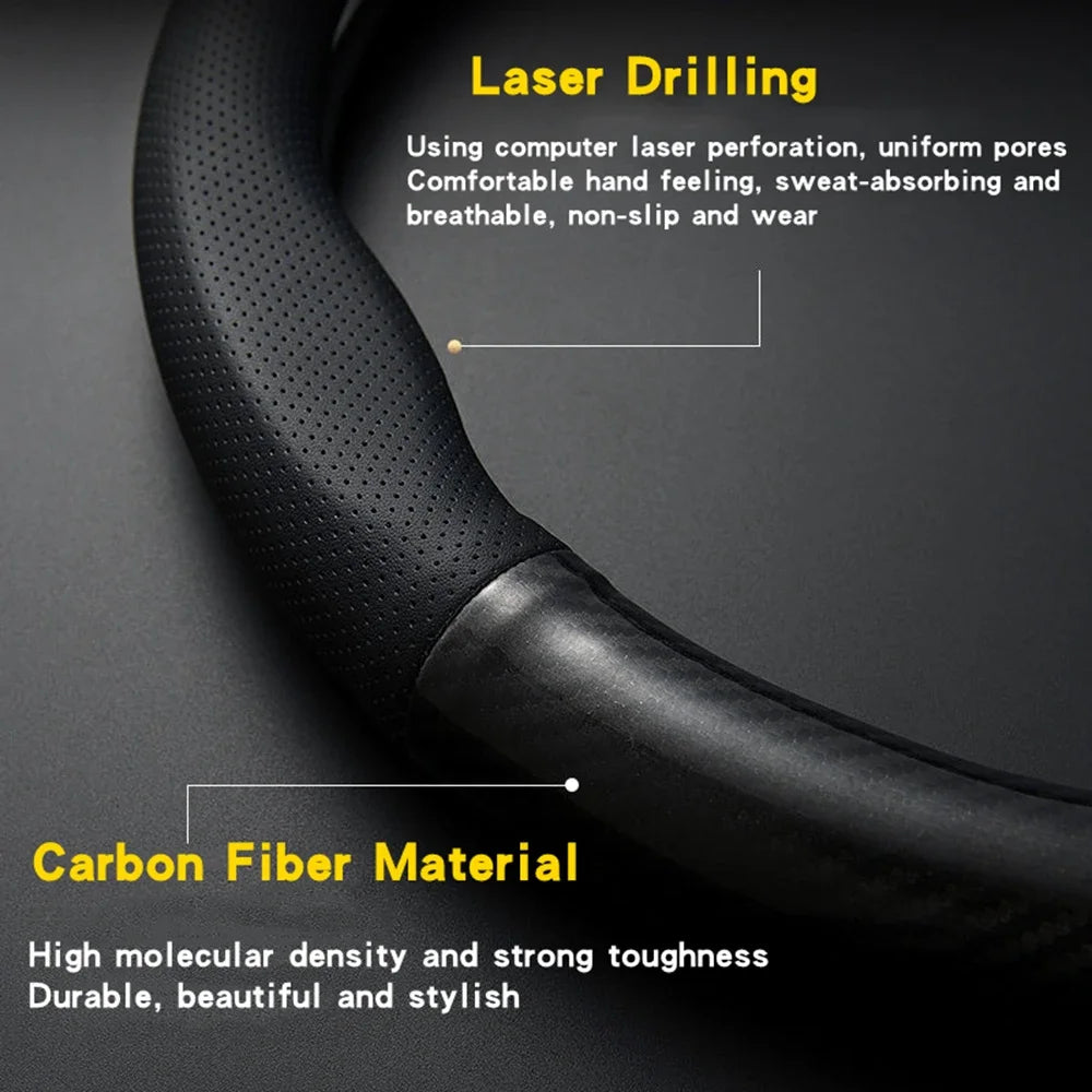 Carbon Fiber Leather Steering Wheel Cover with Anti-Slip Grip