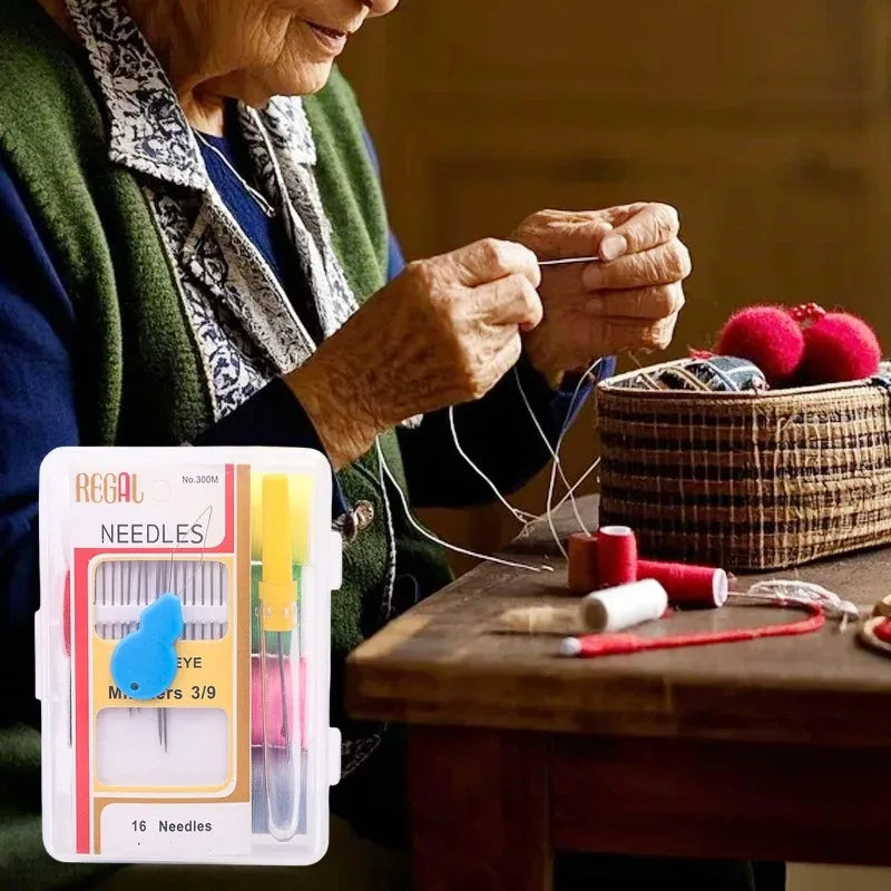 An elderly woman uses a stainless steel sewing needle set with large eye threads on a piece of fabric.