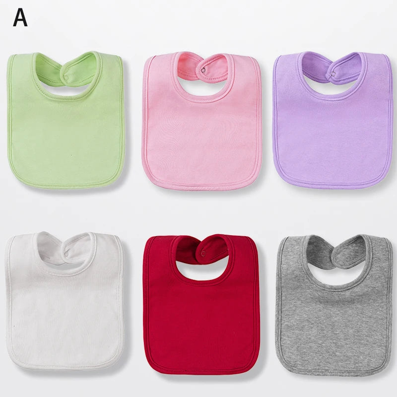 A set of six cotton bandana bibs in various colors including lime green, pink, purple, white, red, and gray.