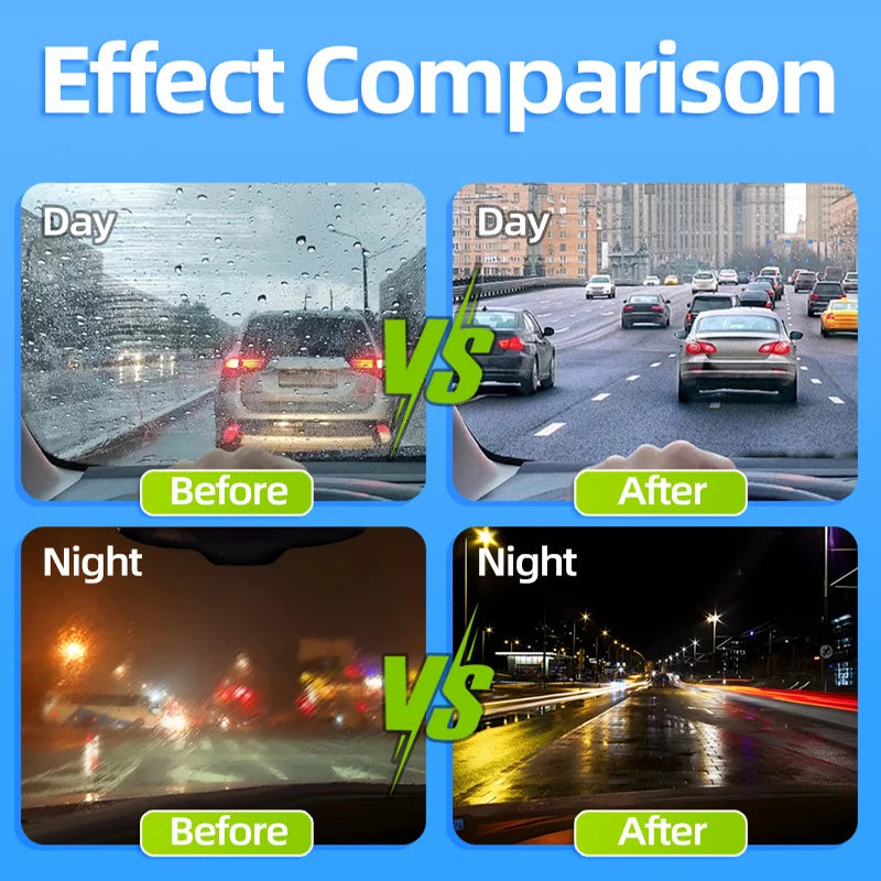 Comparison of glass oil film removal before and after using a film remover product on car windshields during day and night.