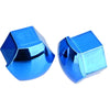 A set of two shiny blue anti-rust wheel nut caps, shaped like a truncated pyramid.
