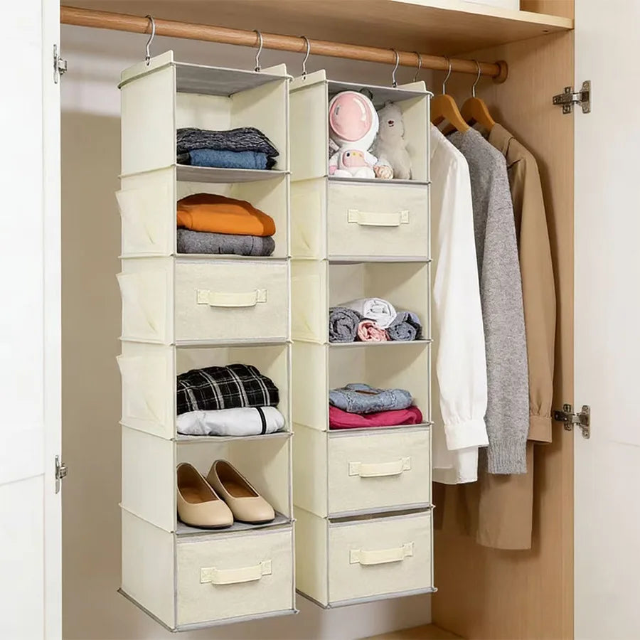 Foldable Hanging Closet Organizer with Multi-Tier Storage and Side Pockets