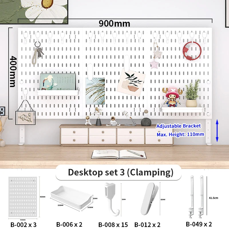 A white desktop pegboard organizer set featuring hooks, shelves, and various accessories for organization.